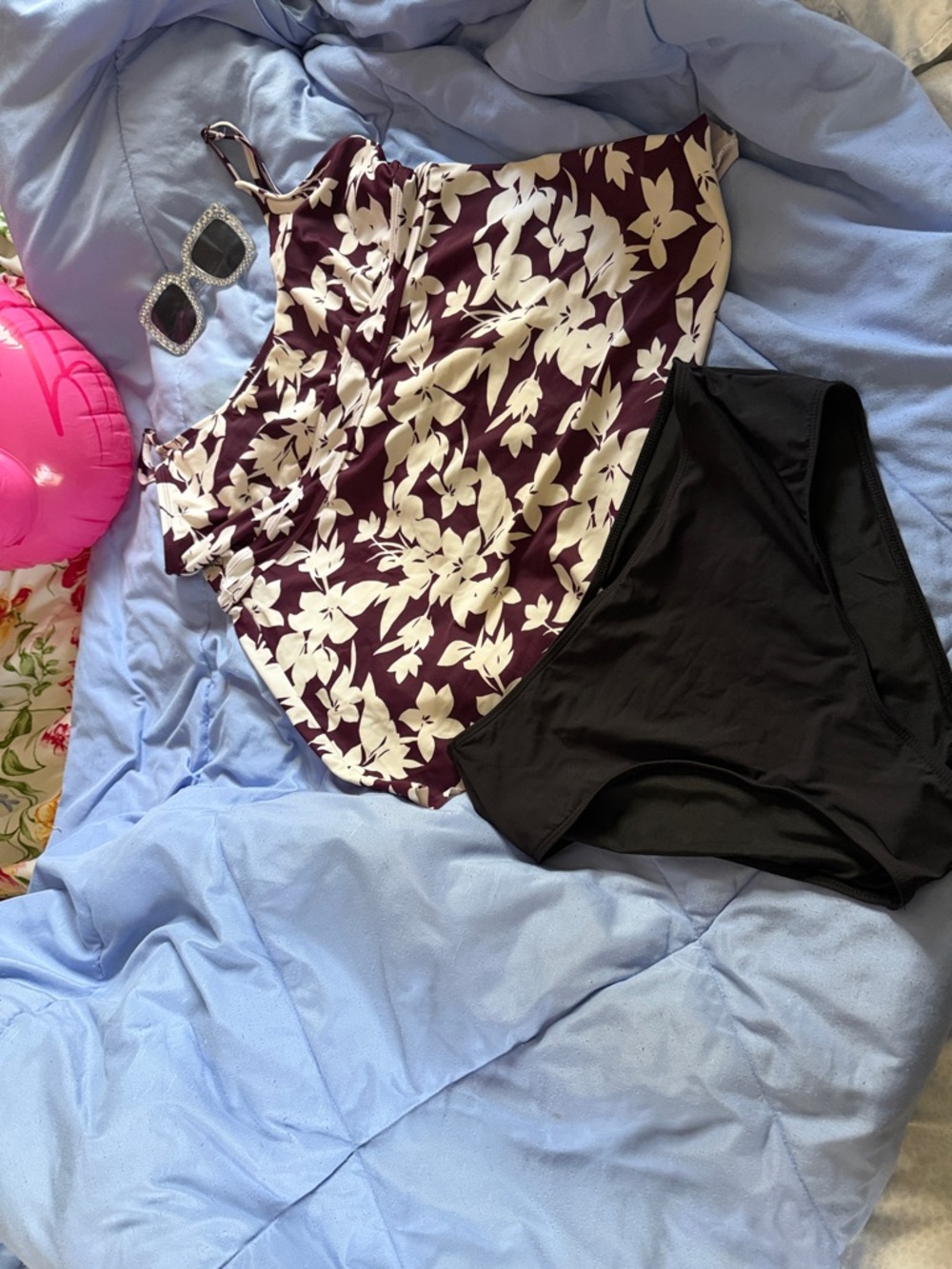 Kona Sol Purple and White Floral Tankini with Black Bottoms